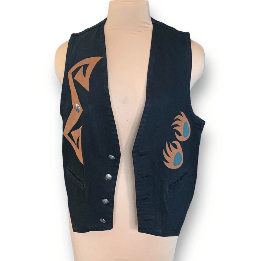 90s Black Denim Vest Sundance Bear Paw Boho Western Unisex Medium USA Made - Picture 5 of 12